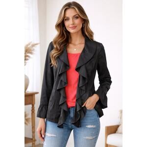 Willi Smith Retro Vintage Black Ruffle Blazer with Red Interior Lining Size S